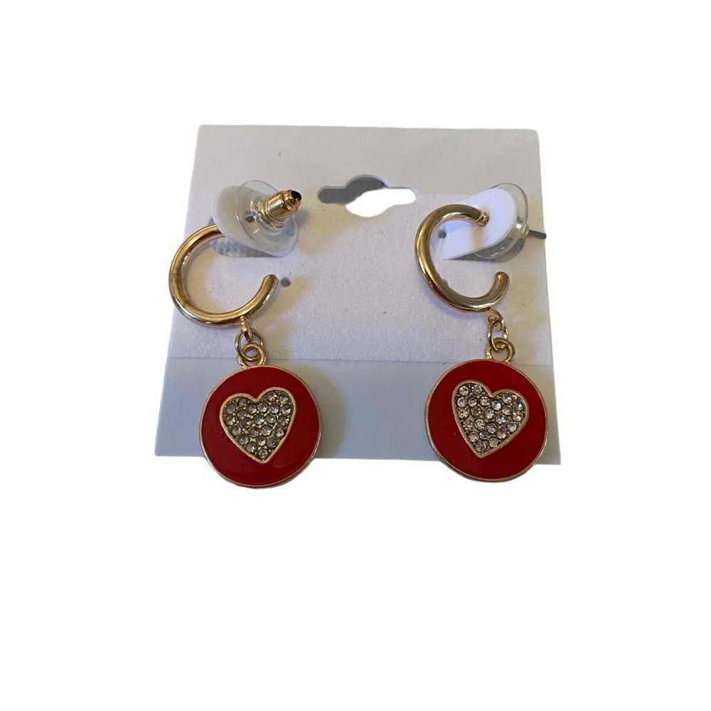 Panacea Pave Crystal & Red Heart Dangle Earrings. - Picture 5 of 6